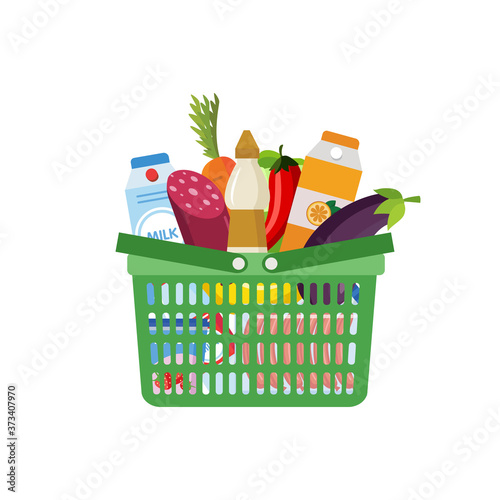 Supermarket basket full of grocery products flat vector illustration isolated.