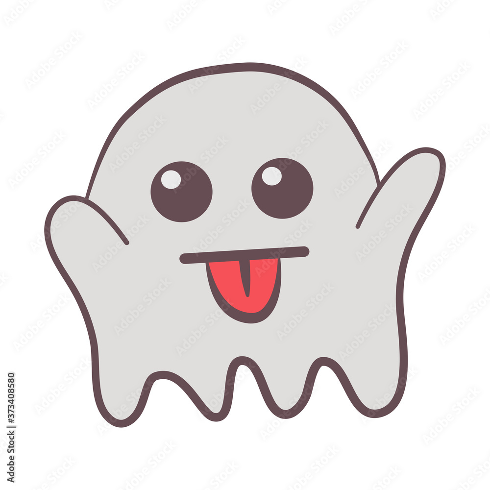 Cute halloween ghost, icon emoji element on white silhouette. Decoration for logo, card and any design. Vector illustration about holiday.