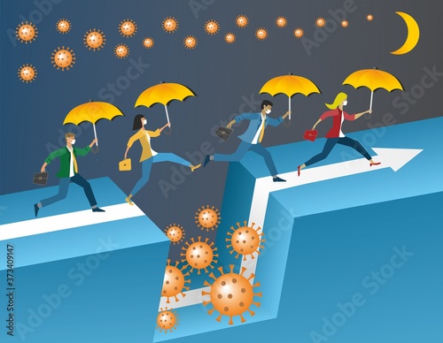 People trying to get through the Corona virus (Covid-19) crisis. Concept with people in different situations, with different genders and orgins. Vector illustration.
