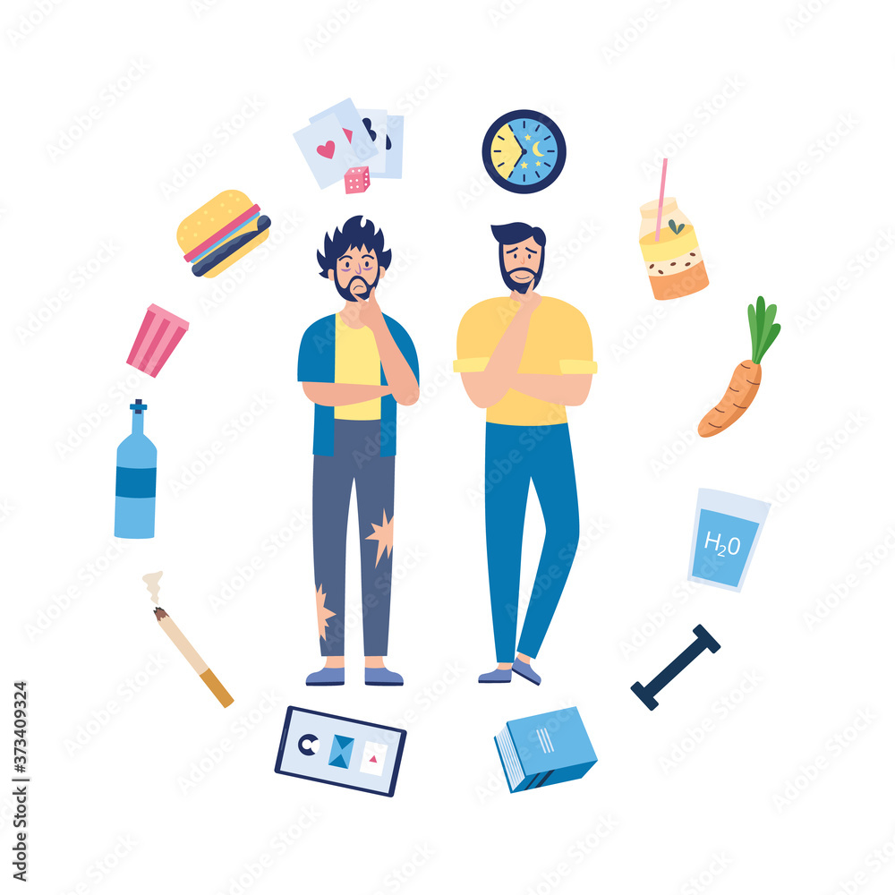 Not Healthy Animation Healthy and unhealthy lifestyle banner flat cartoon vector illustration ...