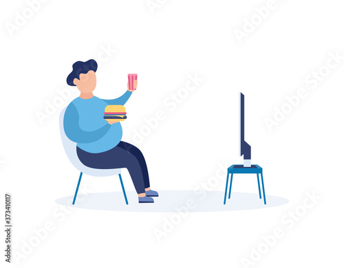 Bad habits - overeating and TV addiction, flat vector illustration isolated.