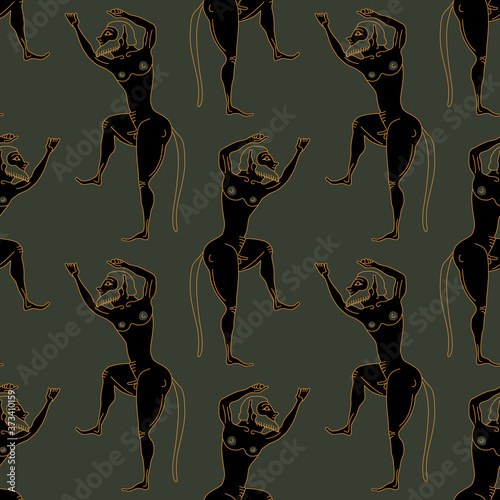 Seamless geometrical pattern with ancient Greek satyrs.