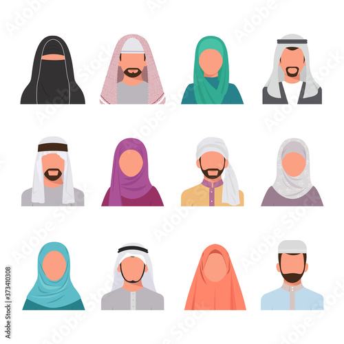 Muslim characters avatars set. Arabian face portraits men women trendy colored hijabs traditional Islamic profiles of arabia and jordan stylish dark mustache beard. Social vector.