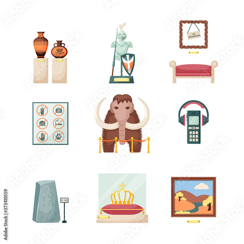 Historical museum set. Stuffed mammoth behind fence ancient Greek amphorae on pedestal ancient golden crown painting by medieval artists armor and weapons of knights. Cognitive flat vector.