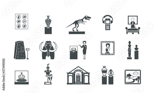 Museum historical silhouette set. Exhibitions of ice age and antique roman statues stuffed mammoth ancient golden crown painting by medieval artists armor weapons of knights. Flat silhouette vector.