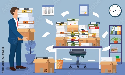 Stressed businessman under pile of office papers and documents. Office building interior. Office documents heap. Vector illustration in flat style