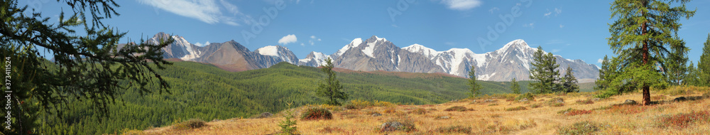Altai Mountains on a summer morning, beautiful sky, panorama landscape