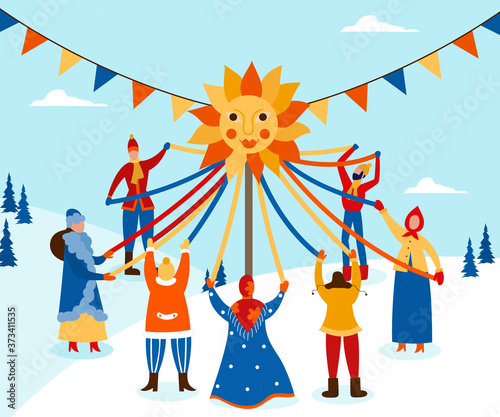 Russian Maslenitsa background with cartoon people flat vector illustration.