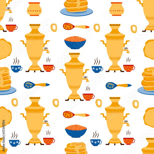 Russian maslenitsa seamless pattern with samovar and caviar vector illustration.