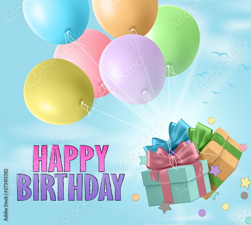 Birthday vector greeting design. Happy birthday text with floating balloons and gifts party elements for celebration. Vector illustration 
