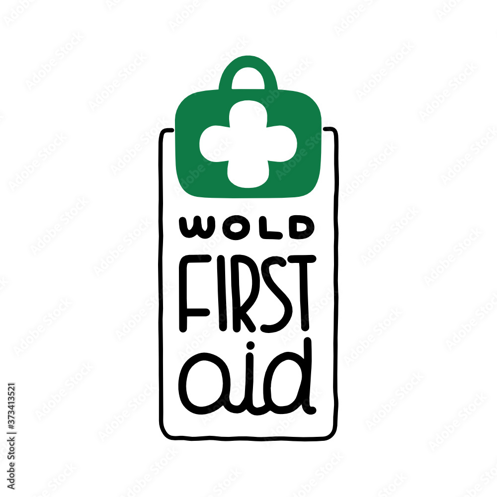 Vector illustration on the theme of World First Aid Day on September 12. Decorated with a handwritten inscription and first aid kit.