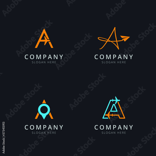 Initial A logo with travel elements in orange and blue color