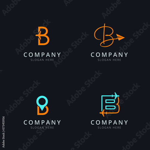 Initial B logo with travel elements in orange and blue color