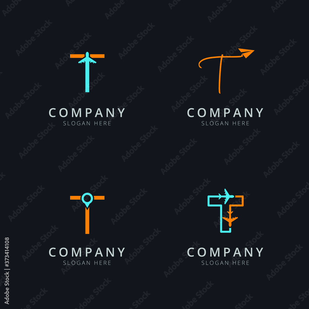 Initial T logo with travel elements in orange and blue color Initial T logo with travel elements in orange and blue color