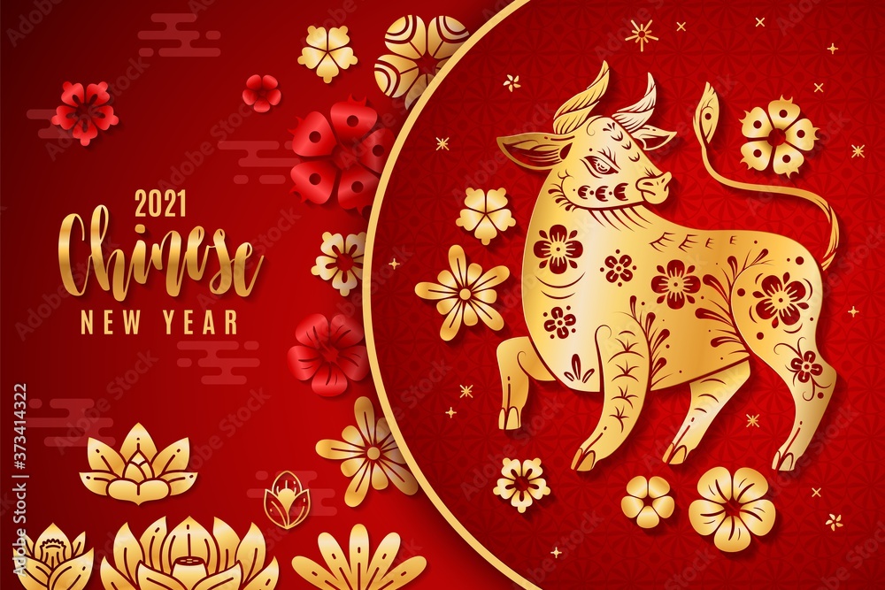 Fototapeta premium Chinese new year 2021. Traditional poster with red and gold ox, flower and asian elements, zodiac bull year oriental horoscope vector background