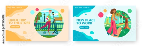 Man rides electric scooter to grocery store. Woman makes workplace on a swing in a park. Concept illustration. Vector web site design template