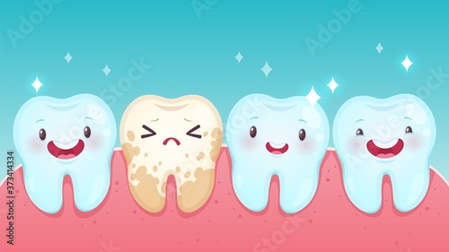 Bad tooth. Cartoon healthy white happy teeth and yellow spoiled sad tooth with smiling faces. Toothache problems, kids oral care children dentistry clinic, vector dental concept