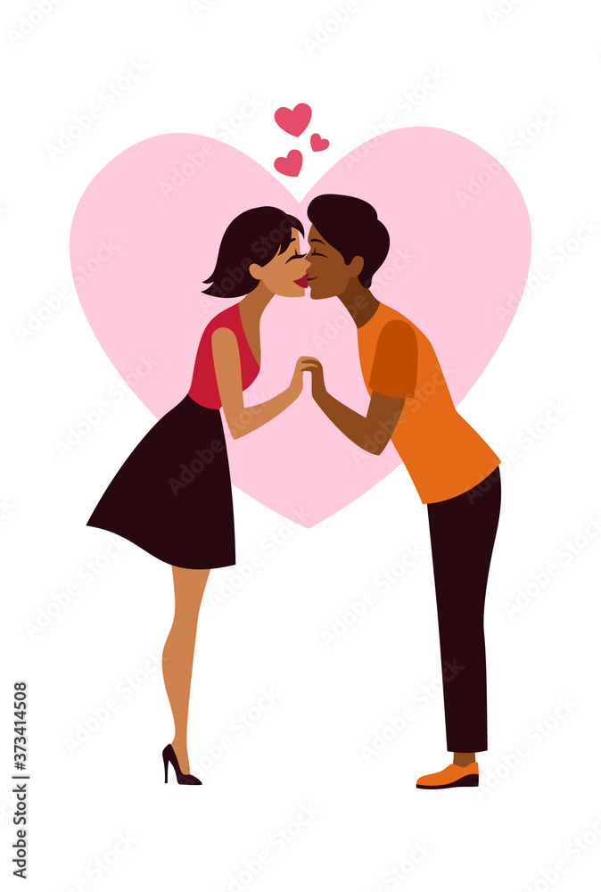 Happy romantic couple. Man and woman kissing on date, valentines or wedding card template, love and relationship concept flat cartoon isolated vector characters