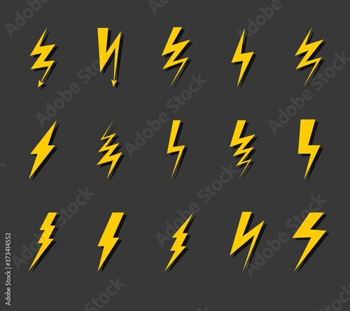 Lightning bolt icon set. Thunder flash electric voltage electricity symbols, simple yellow zig zag silhouette with shadows, thunderbolt sign flat vector collection on black background