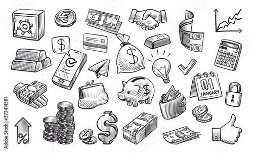 Money sketch. Hand drawn financial elements in sketch style, cash and stack coins, safe and wallet, credit card and currency, bank payment concept black vector isolated set