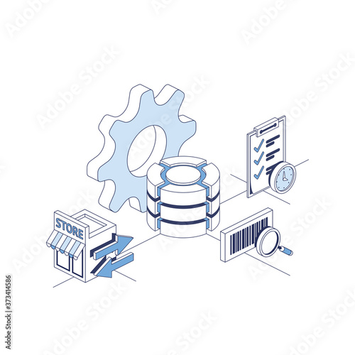 E-commerce retail marketing, data base, plan time, barcode. Vector 3d line isometric, color web icons set, new flat style. Creative illustration, idea for infographics.