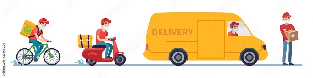 Quarantine delivery. Couriers in medical masks on bike, motorcycle and truck, parcel to client during covid-19 pandemic, express contactless shipping vector flat isolated illustration
