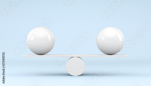 Two spheres on white scales on a blue background. 3d render illustration.