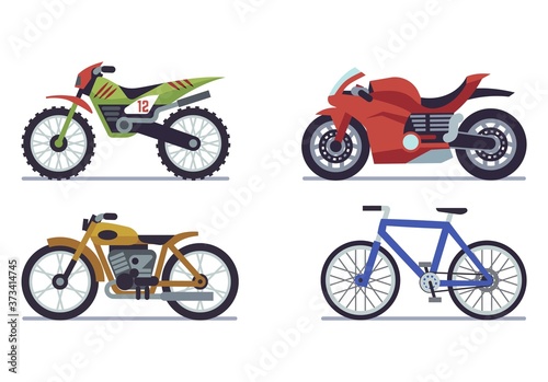 Set of vehicles. Racing motorcycles, sports mountain bike for road racing, speed race modern vehicle travel and sport flat vector motor transport