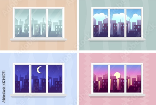 Window views. Morning, day and night cityscape, city buildings through house windows, buildings and skyscrapers at various time, modern urban landscape, vector flat cartoon illustrations