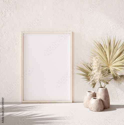 Mockup frame with dry plant in pot close up, nomadic style, 3d render	
