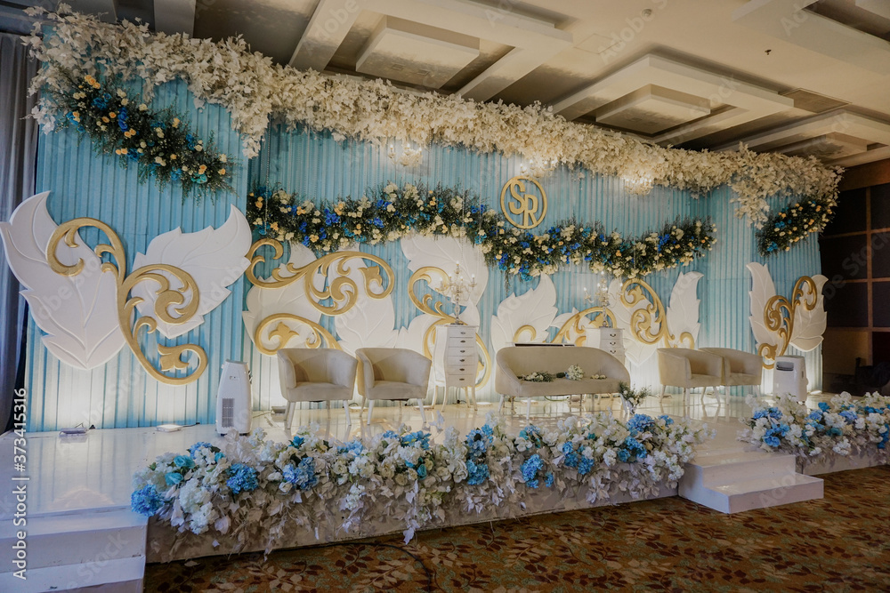 luxury wedding stage decoration background. white and blue theme ...