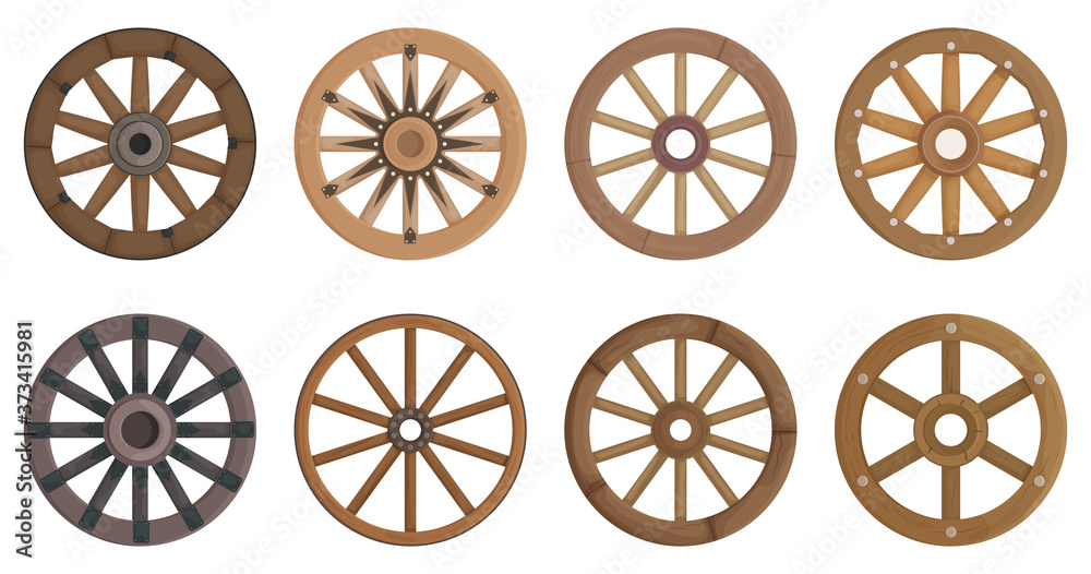 Wooden wheel cartoon vector set illustration of icon.Wheel wagon vector set of icon.Cartoon collection wooden cartwhee wagon on white background.