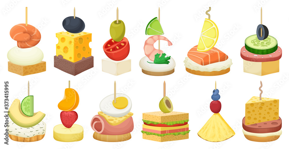 Canape and food cartoon vector set illustration of icon.Food and appetizer  vector set of icon.Canape cartoon collection on white background. Stock  Vector | Adobe Stock