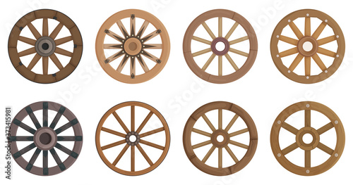 Wooden wheel cartoon vector set illustration of icon.Wheel wagon vector set of icon.Cartoon collection wooden cartwhee wagon on white background.