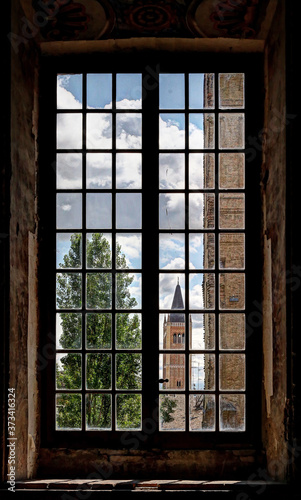 Parma  Emilia Romagna  Italy  view of the bell tower from an ancient palace window  Unesco world heritage site