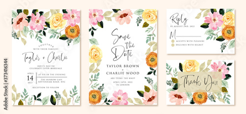 wedding invitation set with yellow pink flower watercolor