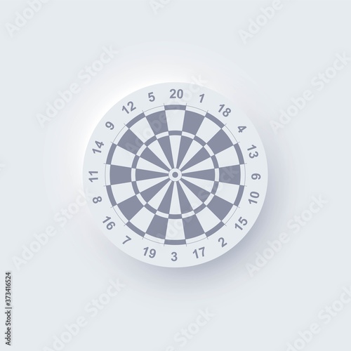Realistic neomorphic darts board isolated on white background. Dartboard with twenty sectors, target, game competition. Vector illustration of game mockup, metaphor of hit bullseye, goal achievement.