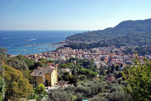 Beautiful view to Santa Margherita Ligure city, blue sky and sea in Italy