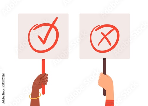Yes no banners. Hands holding choice checkmark plates. Positive or negative posters vector illustration. Select check yes and no, positive mark correct