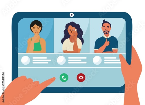 people are on the tablet device screen, conference video call. Asian woman, caucasian girl and man. Human hand hold device and connect online communication and touch the screen.