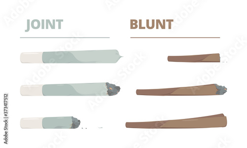 Marijuana joint. Drugs cigarette smoke cannabis weed vector illustrations in cartoon style. Cannabis weed joint, drug rolled to smoking, self-roll ganja