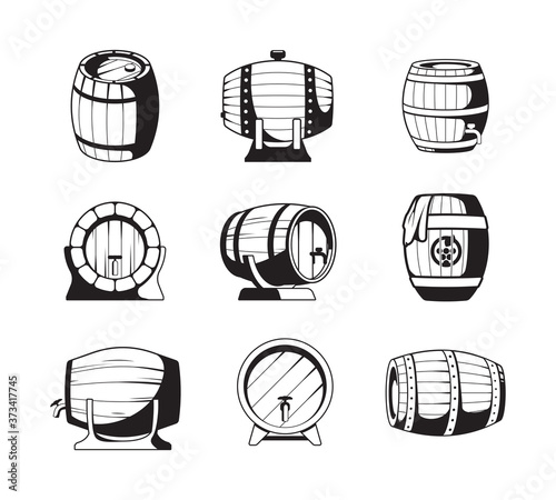 Barrels silhouettes. Wooden barrels symbols for wine or beer business logo design templates vector emblems collection. Barrel silhouette with alcohol, wooden cask illustration