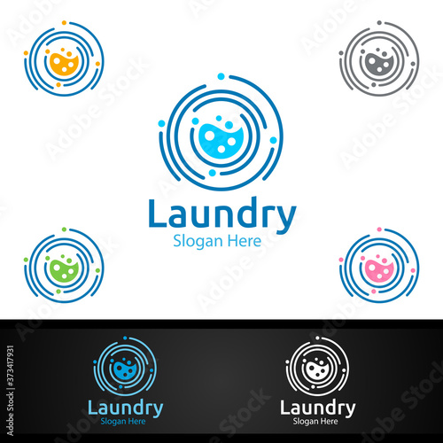Laundry Dry Cleaners Logo with Clothes, Water and Washing Concept