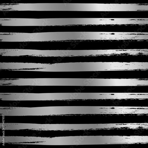 Black and silver brush stroke pattern with horizontal lines. Vector background.