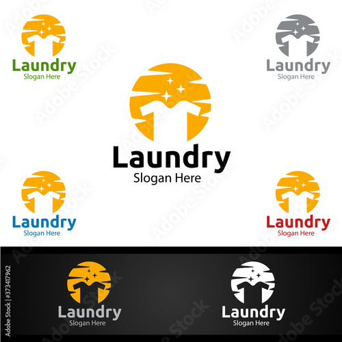 Laundry Dry Cleaners Logo with Clothes, Water and Washing Concept