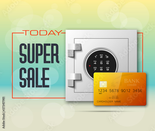 Credit card & Electronic lock picture. Bank door card & image combination lock front side banner. Plastic card & steel safe. Debit card & electromagnetic locking devices chip. Online payment banner
