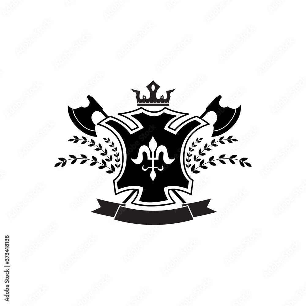 Ornate heraldic coat of arms badge with crossed axes, crown symbol and wreath Ornate heraldic coat of arms badge with crossed axes, crown symbol and wreath