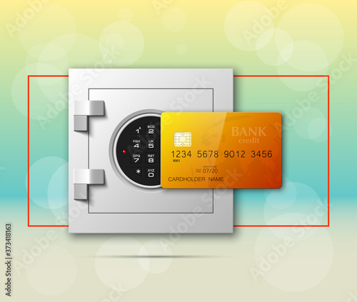 Credit card & Electronic lock picture. Bank door card & image combination lock front side banner. Plastic card & steel safe. Debit card & electromagnetic locking devices chip. Online payment banner