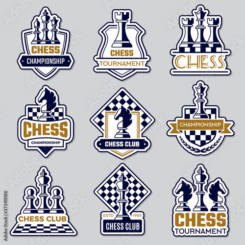 Chess emblem. Sport club logo with chess symbols knight pawn rook officer silhouettes of figures vector badges. Logo club chessboard, hobbies challenge illustration