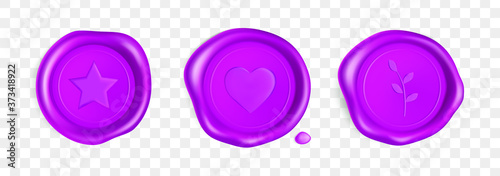 Purple wax seal with heart, branch and star. Stamp wax seal with heart, branch and star isolated on transparent background. Purple stamps for a postcard, a wedding invitation card. Realistic 3d vector